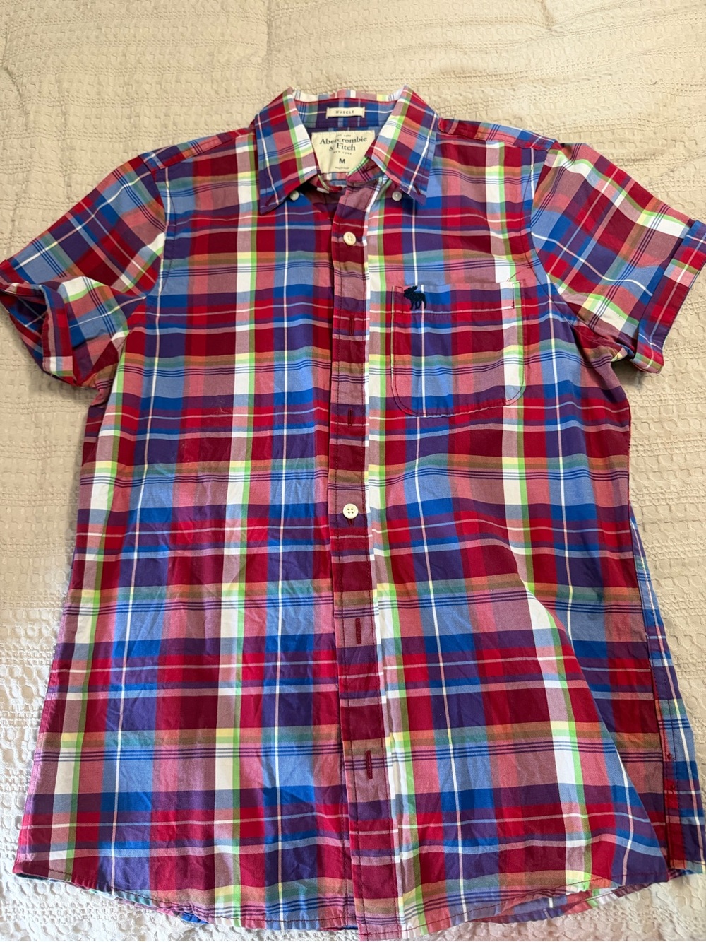 Abercrombie & Fitch Red and Blue Plaid Short-Sleeve Button-Down